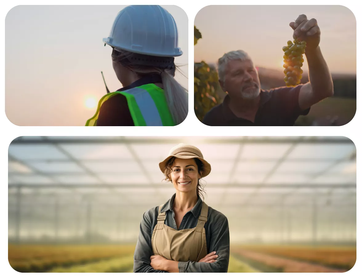 Personas del rubro agrícola, construcción e industrial representando sectores que acceden a liquidez con factoring
