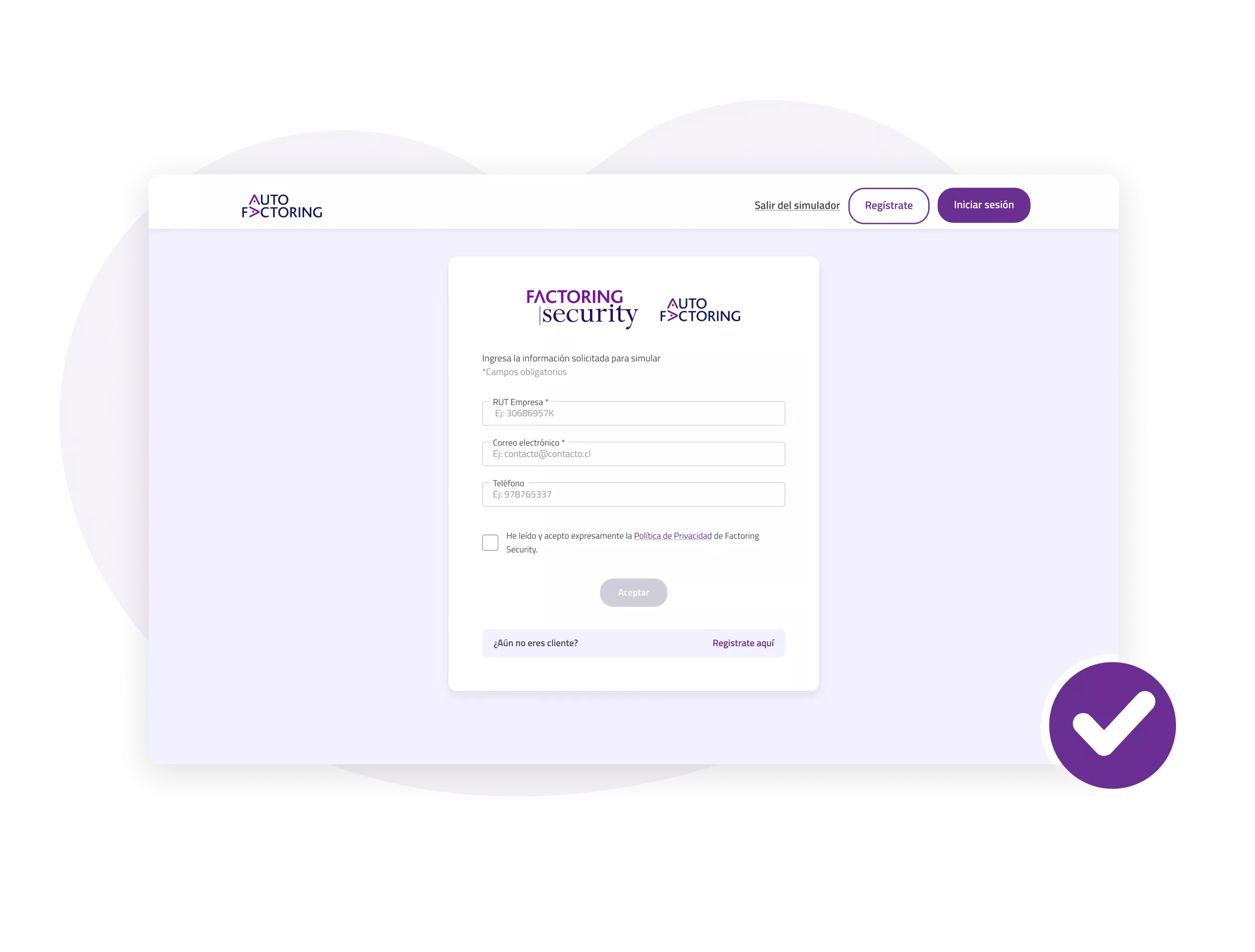 Pantalla de registro en AutoFactoring para que empresas accedan a la plataforma, gestionen sus facturas y obtengan liquidez de forma autogestionada