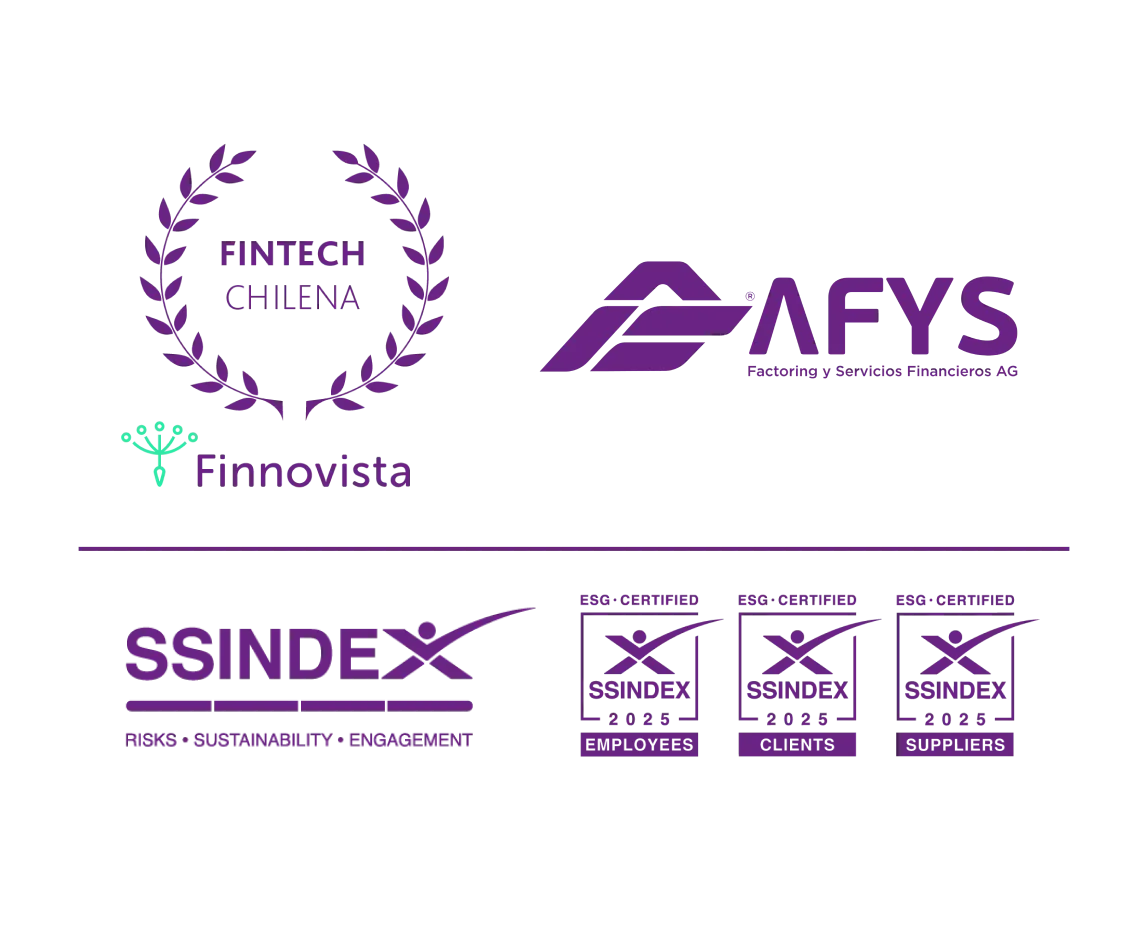 Disintos reconocimientos nos refieren como la mejor empresa de factoring: Premio Finnovista "Fintech Chilena 2024", Certificados SSINDEX 2024 para ESG Clients y ESG Employees.
