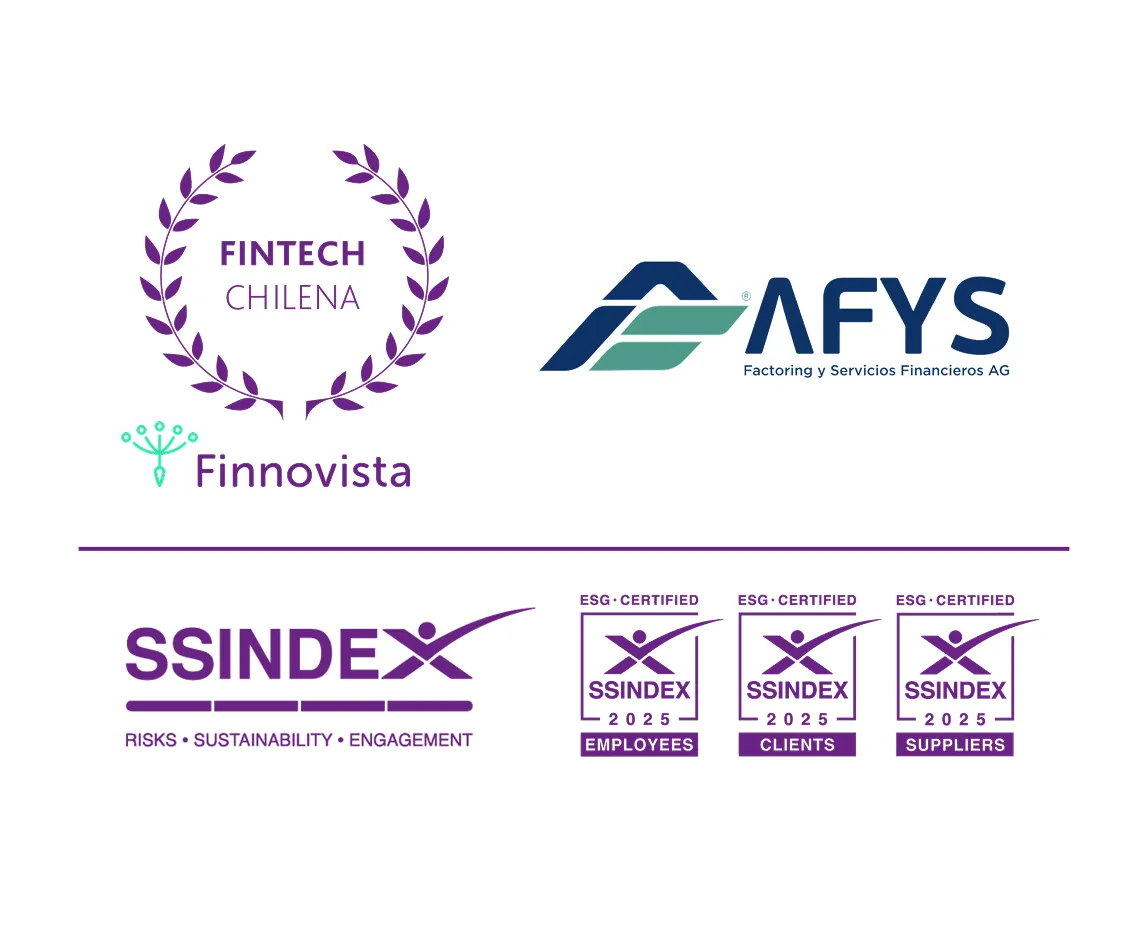Disintos reconocimientos nos refieren como la mejor empresa de factoring: Premio Finnovista "Fintech Chilena 2024", Certificados SSINDEX 2024 para ESG Clients y ESG Employees.